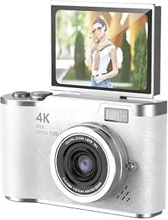 Câmera Digital 4K Ultra HD 48MP com Tela Giratória 180° Câmera Fotográfica Compacta para Vlog e Selfie Zoom 8X Flash LED e Bateria Recarregável (Branco) - Produto 10 mais recomendado com 3.6 estrelas