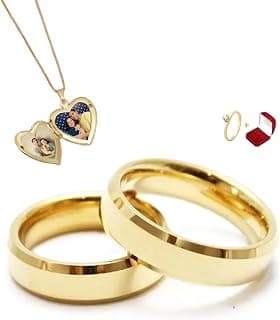 Par de Alianças Italianas 4mm Anatomicas Chanfradas com Anel Solitário com Pedra de Zirconia e Colar Relicário Porta Fotos Banhados a Ouro Com Caixa de Veludo Casamento Noivado Namoro - Produto 2 mais recomendado com 5 estrelas