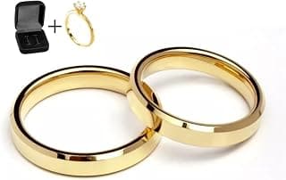 Alianças Par 4mm Ouro Reta Chanfrada Banhadas 24k com Caixa de Veludo e Anel Solitário Anatomicas Casamento Compromisso Noivado - Produto 1 mais recomendado com 4.5 estrelas