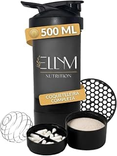 Coqueteleira Shakeira Garrafinha Copo Academia Com Porta Comprimido e Whey 500ml Preta Ellym Nutrition 15x8x8 - Produto 3 mais recomendado com 4.6 estrelas