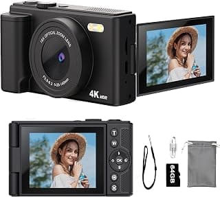 Câmera Digital 4K, Foco Automático, Fotográfica Vlog para YouTube, Cartão SD de 64G, tela LCD de 2.8", tela giratória de 180 graus, zoom digital de 16x, Câmeras Compactas para Viagens/Adolescentes - Produto 8 mais recomendado com 4 estrelas