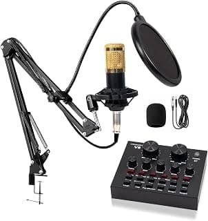 Microfone Condensador, Kit Microfone Condensador com Placa de Som e Braço Articulado e Pop Filter para Transmissão Ao Vivo, Podcast, Gravação de Audio - Produto 4 mais recomendado com 4.2 estrelas
