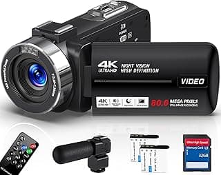 Filmadora 4K 80MP,Câmera de vídeo, Zoom Digital 18x, Visão Noturna, Tela Giratória 3 Polegadas, Controle Remoto 2.4G, Microfone Externo,Profissional para Vlog, Cartão 32GB, 2 Baterias - Produto 4 mais recomendado com 4.9 estrelas