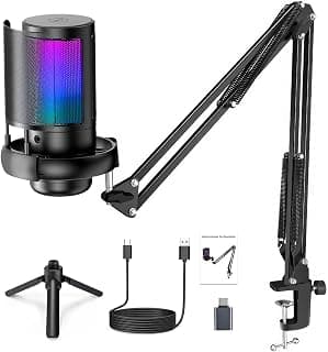 Microfone USB Gaming PC, Microfone RGB para PC/Notebook, Mic with Boom Arm, Microphone Condensador de mesa/Braço, Live, Podcast, Gravação de Audio, Karaoke, Gamer Youtuber DJ - Produto 2 mais recomendado com 4.7 estrelas