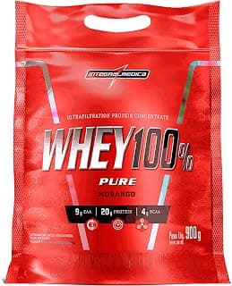 Integralmédica - Whey Protein Concentrado Morango 100% Pure - 21g de Proteína por Scoop, Suplementação Alimentar Pós-Treino, Fórmula Enriquecida com BCAAs - Pouch 900g - Produto 3 mais recomendado com 4.7 estrelas